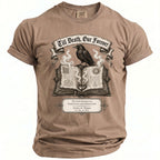 T-shirt with crow perched on an open book stating "Till Death, Our Forever" and wedding details.
