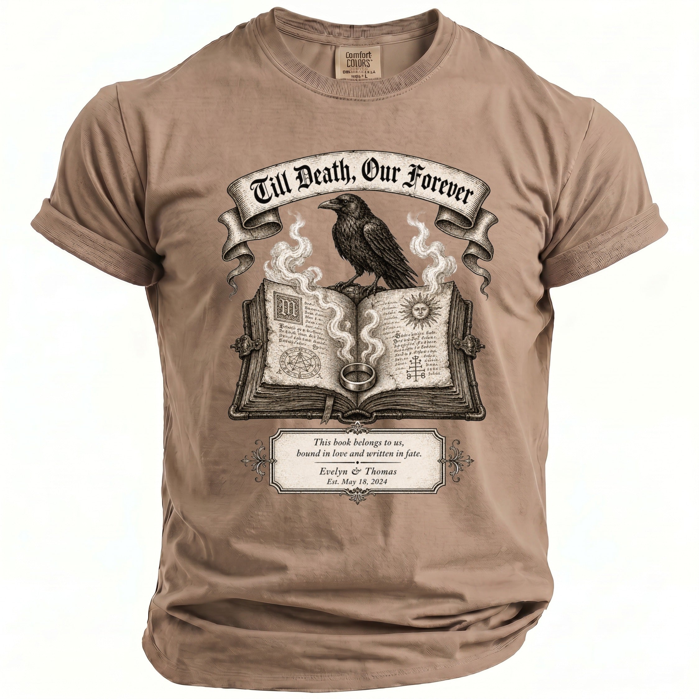 T-shirt with crow perched on an open book stating "Till Death, Our Forever" and wedding details.