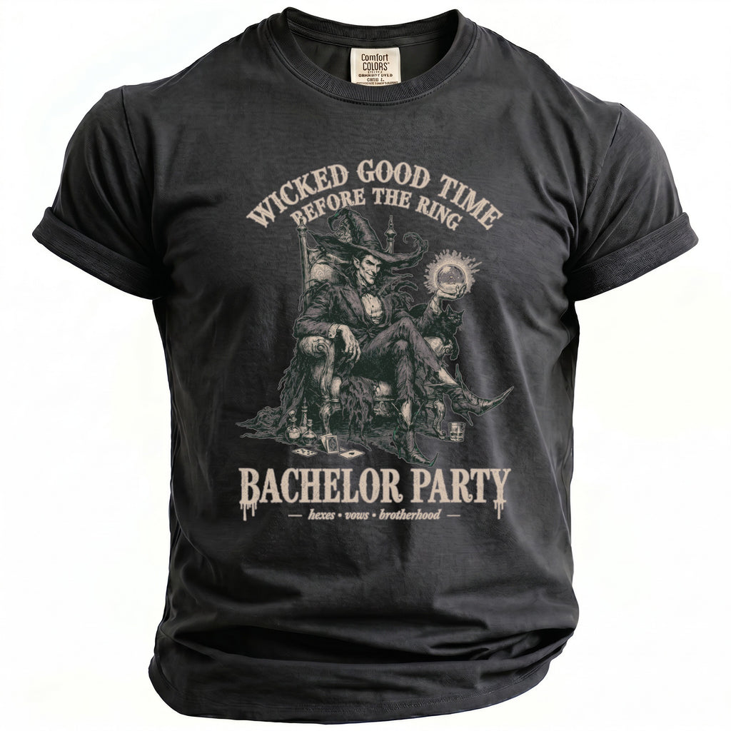Black t-shirt with a witchy graphic for "Bachelor Party" reading "Wicked Good Time Before the Ring".