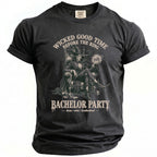 Black t-shirt with a witchy graphic for "Bachelor Party" reading "Wicked Good Time Before the Ring".