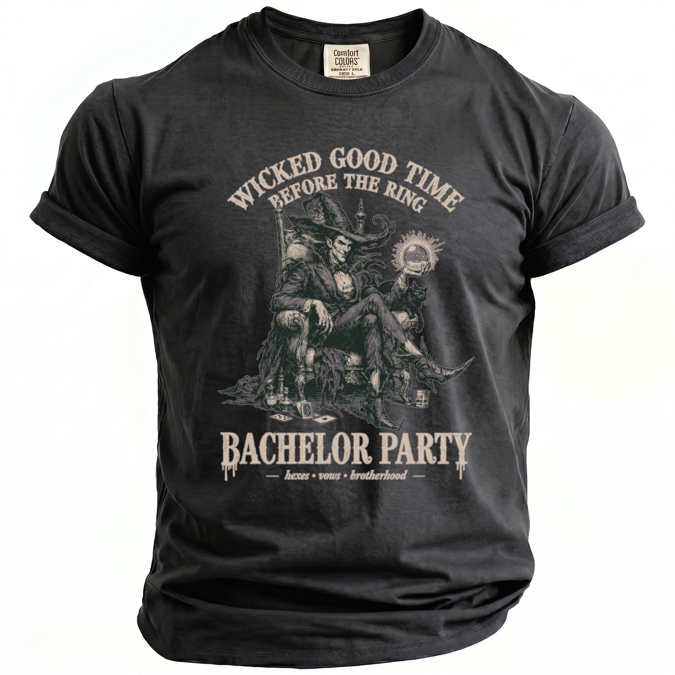 Black t-shirt with a witchy graphic for "Bachelor Party" reading "Wicked Good Time Before the Ring".