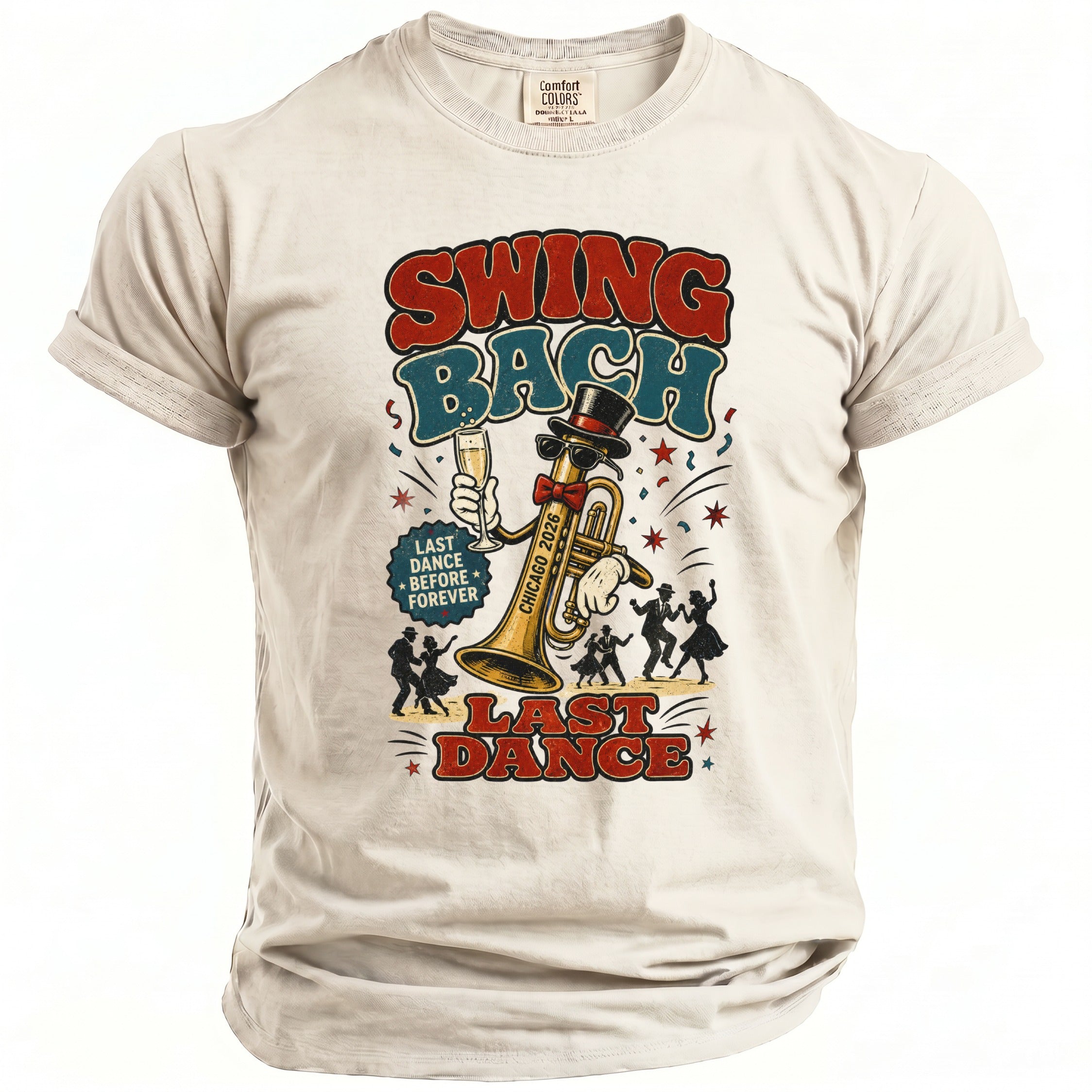 T-shirt with graphic "Swing Bach", a trumpet, and dancing figures.