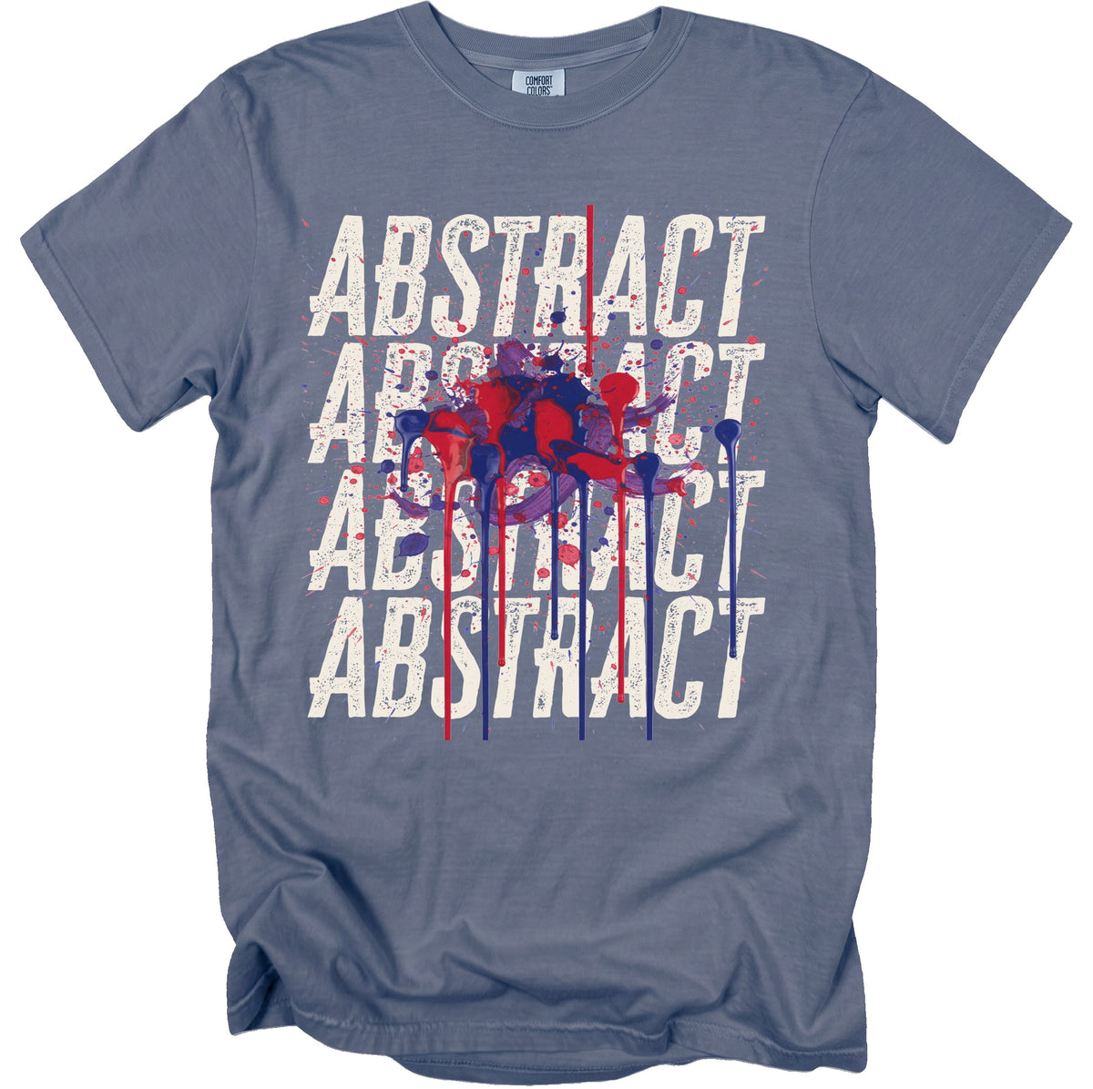 T-shirt with repeated "ABSTRACT" text and red and blue paint splatters.