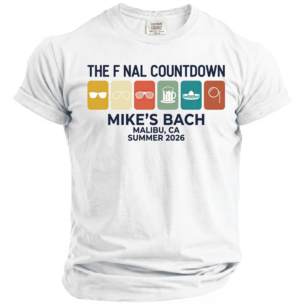 White t-shirt with "The Fnal Countdown" and "Mike's Bach" graphics.
