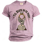 Pink t-shirt with skeleton hand holding ring: 'Til Death Do Us Part, Alex & Jordan, 05-25-2024.