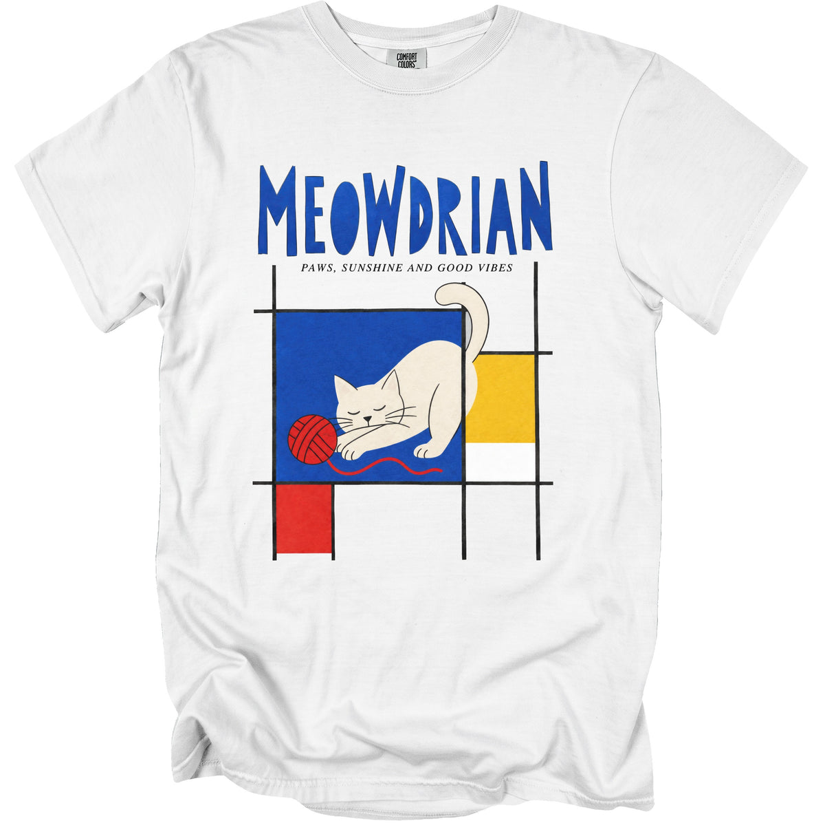 White t-shirt with blue "MEOWDRIAN" text and a cat playing with yarn.