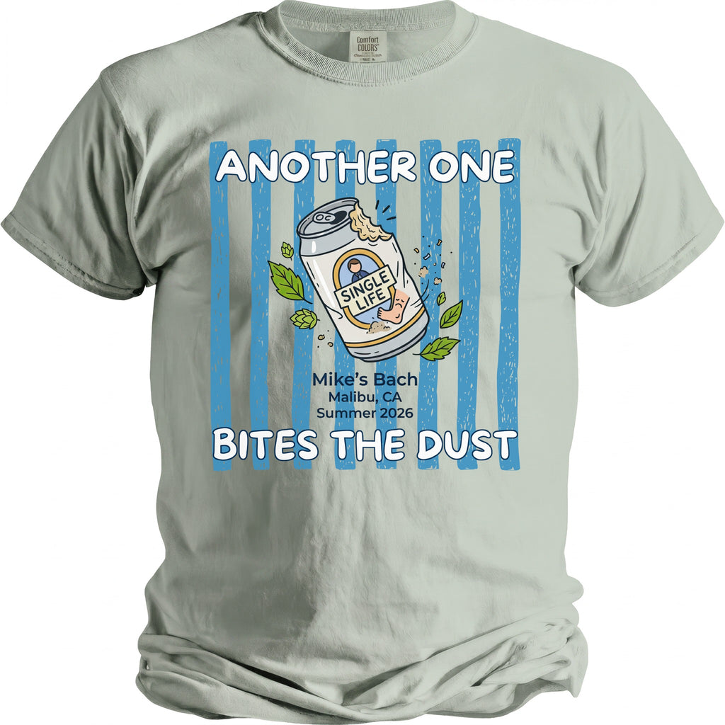 T-shirt graphic with a beer can and text "Another One Bites The Dust".