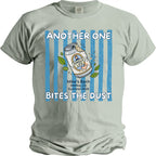 T-shirt graphic with a beer can and text "Another One Bites The Dust".