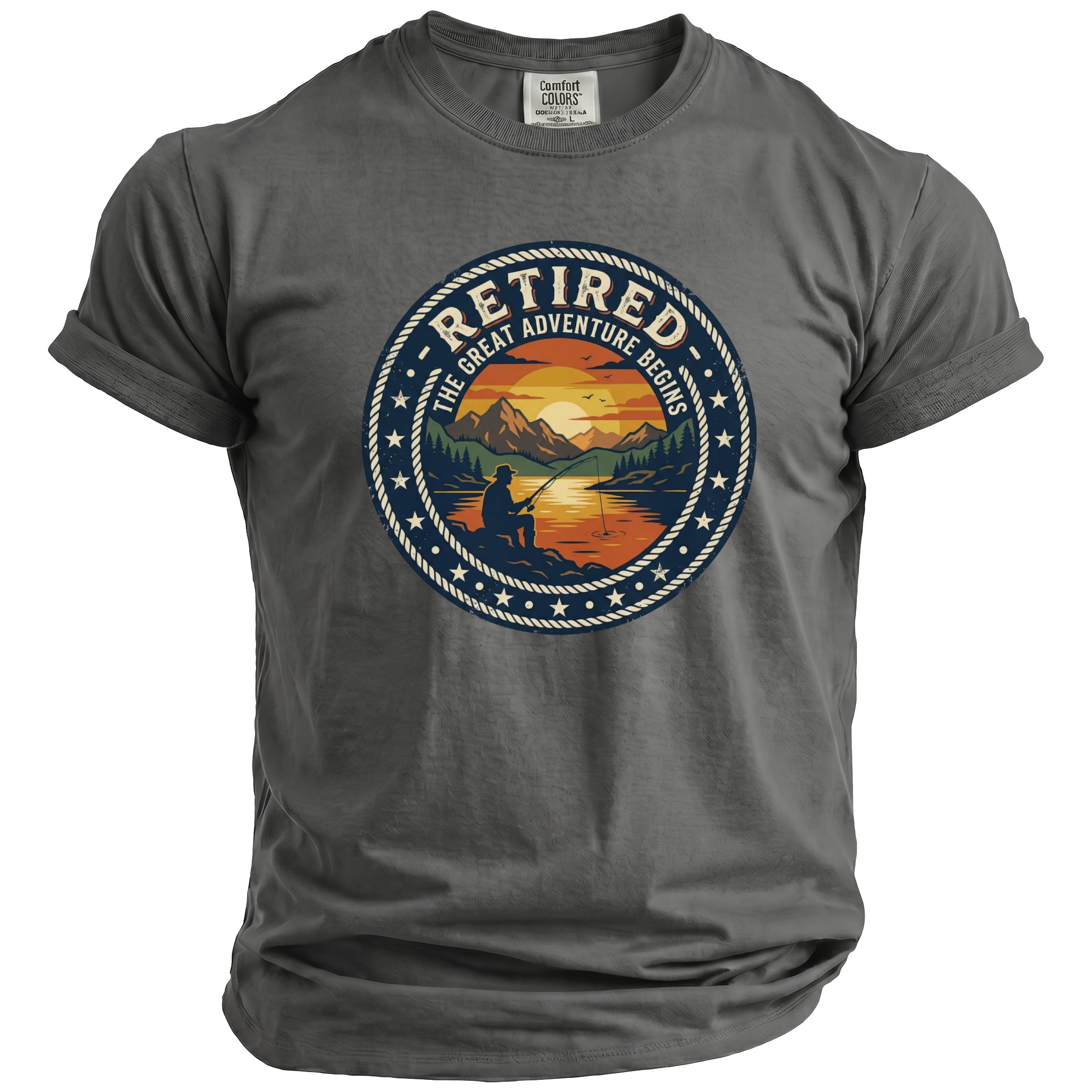 T-shirt with "Retired The Great Adventure Begins" fishing scene graphic.