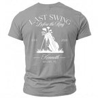 Grey t-shirt with "Last Swing Before the Ring" text and a golf bag graphic.