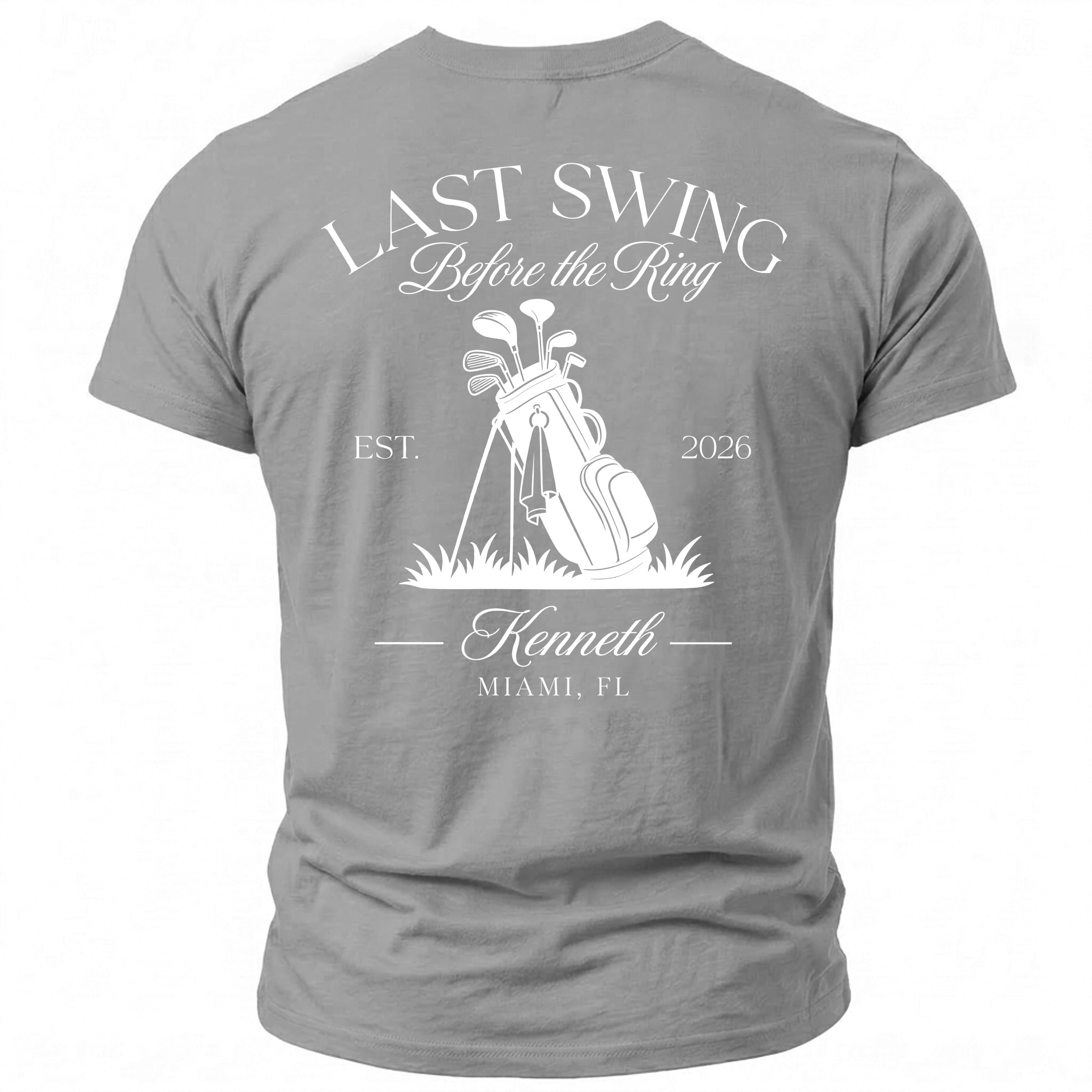 Grey t-shirt with "Last Swing Before the Ring" text and a golf bag graphic.