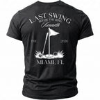 Black t-shirt with "Last Swing", "Befor The Ring", "Kenneth", "EST. 2026", and "Miami, FL" text.