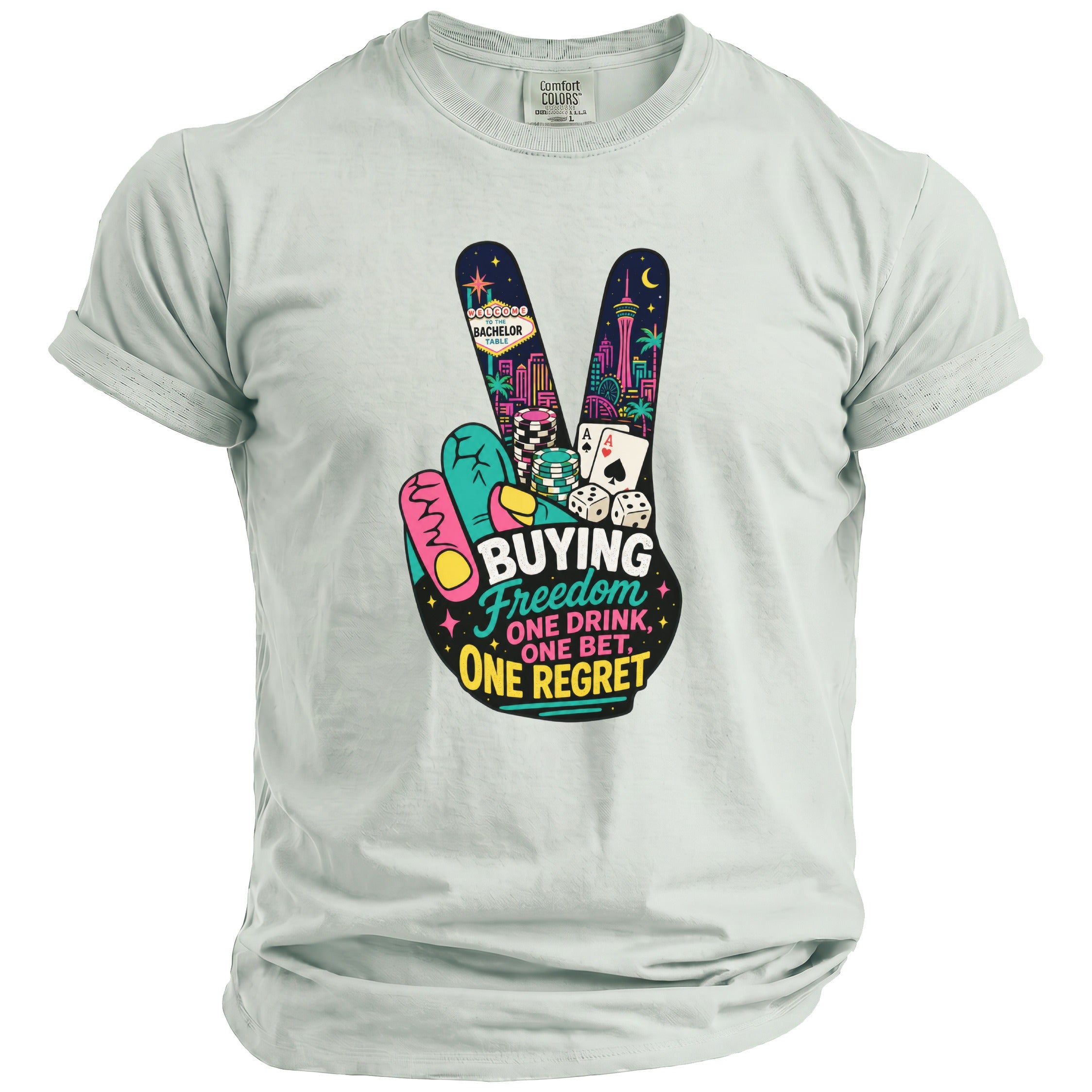 T-shirt with a peace sign graphic featuring Las Vegas, poker chips, dice, and the text "BUYING FREEDOM ONE DRINK, ONE BET, ONE REGRET".
