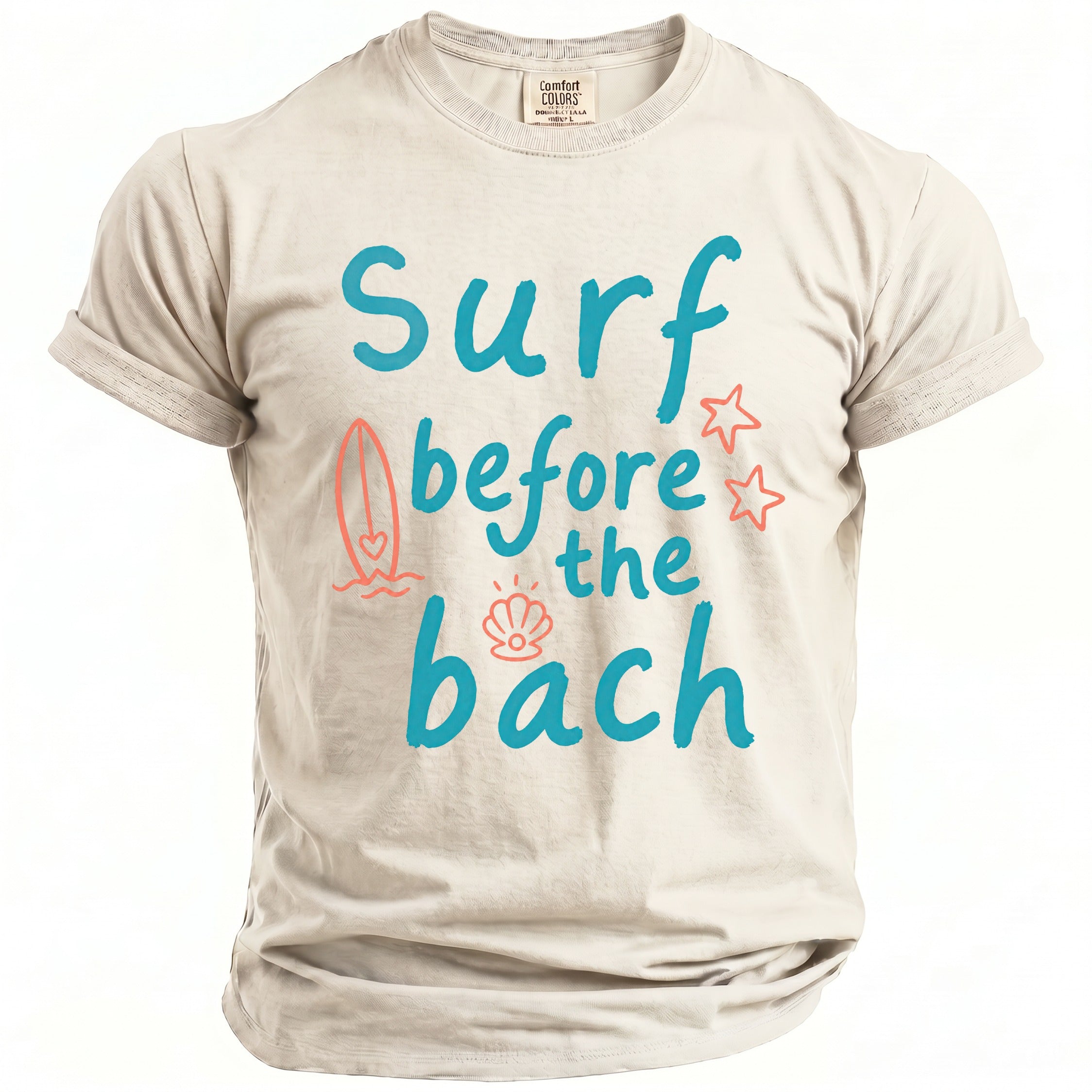 Light beige t-shirt with turquoise text "surf before the bach" and beach graphics.