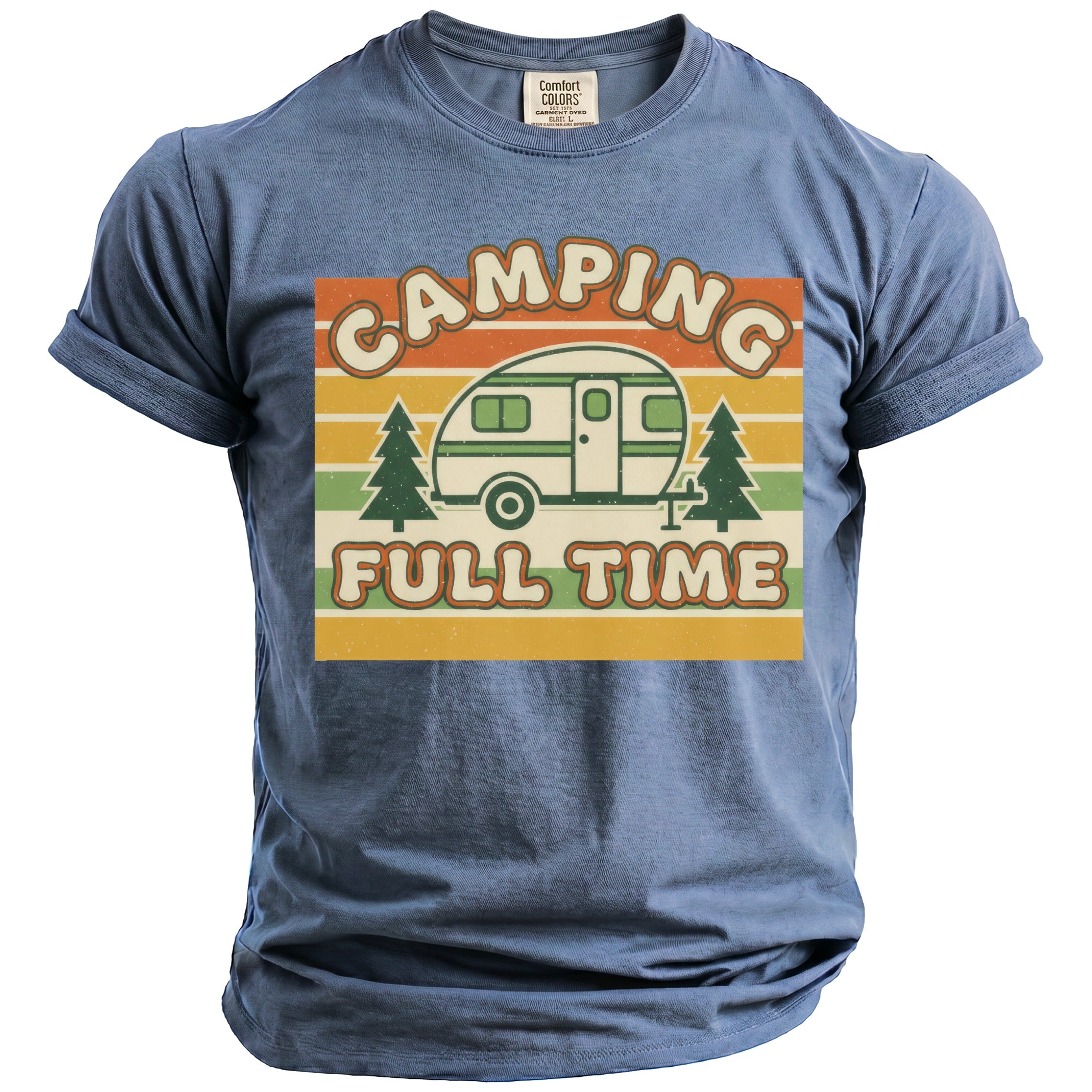T-shirt with "CAMPING FULL TIME" text, RV, and trees graphic.