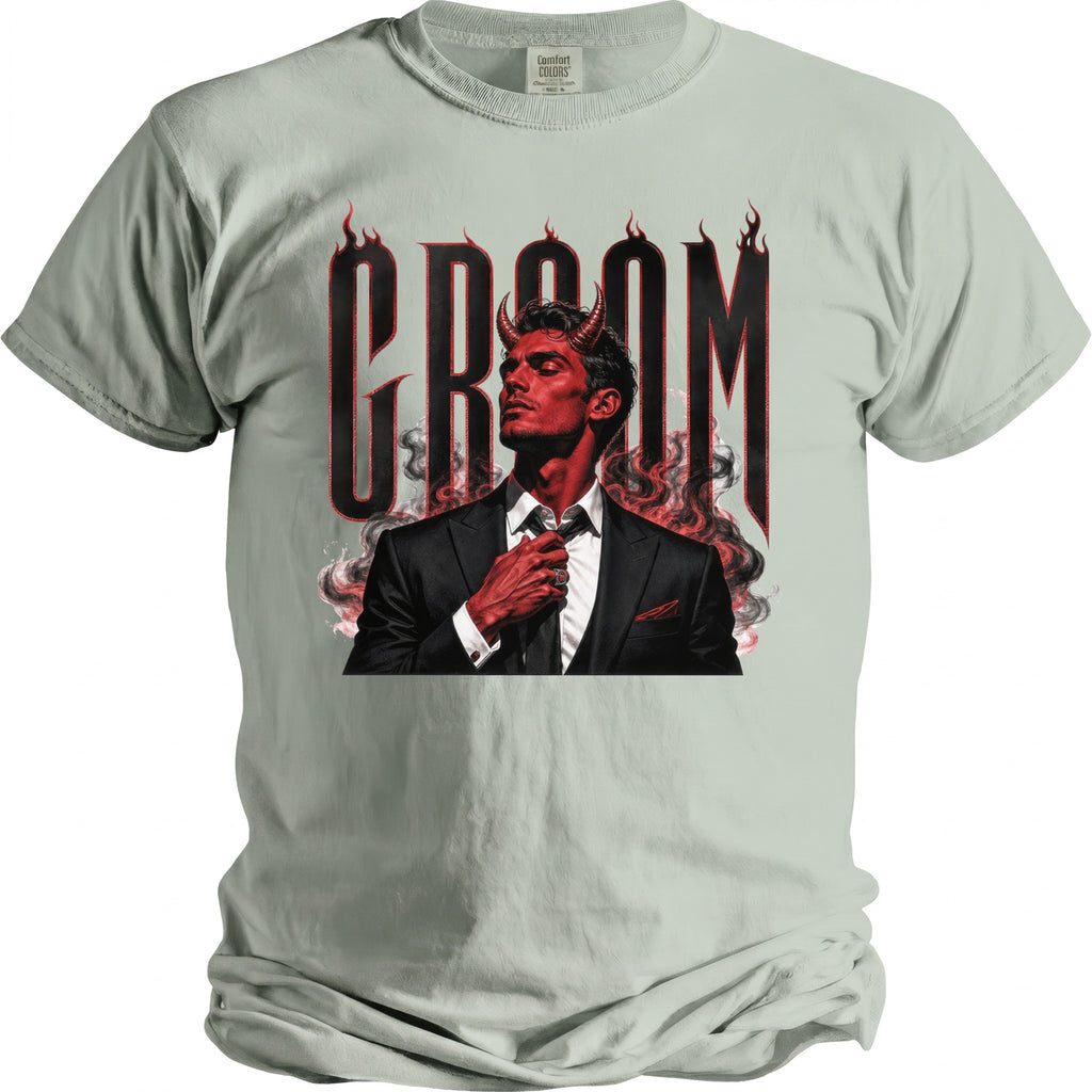 Light green t-shirt with "Groom" text and a devilish man adjusting tie.