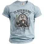 Light blue t-shirt with skeleton in suit and text "'Til Death Do Us Party; Mike's Bach".