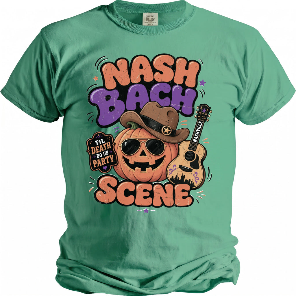 Pumpkin wearing sunglasses and cowboy hat, with guitar, for "Nash Bach Scene."