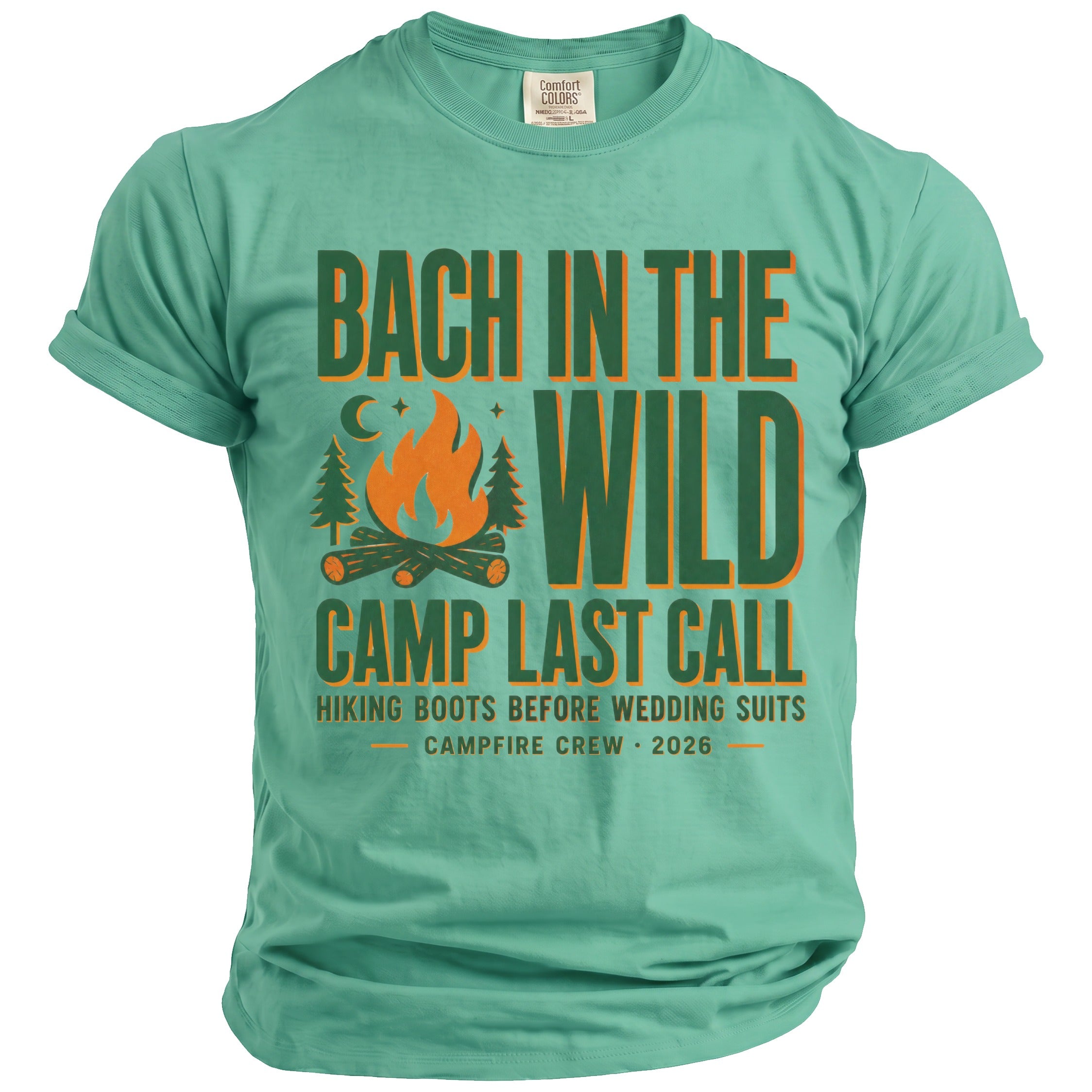 Teal t-shirt with "Bach in the Wild Camp Last Call" graphic.