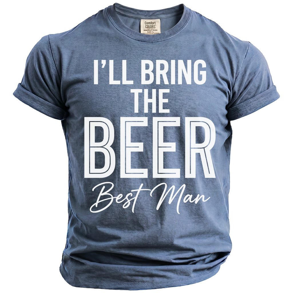 Gray t-shirt with "I'LL BRING THE BEER Best Man" printed in white.