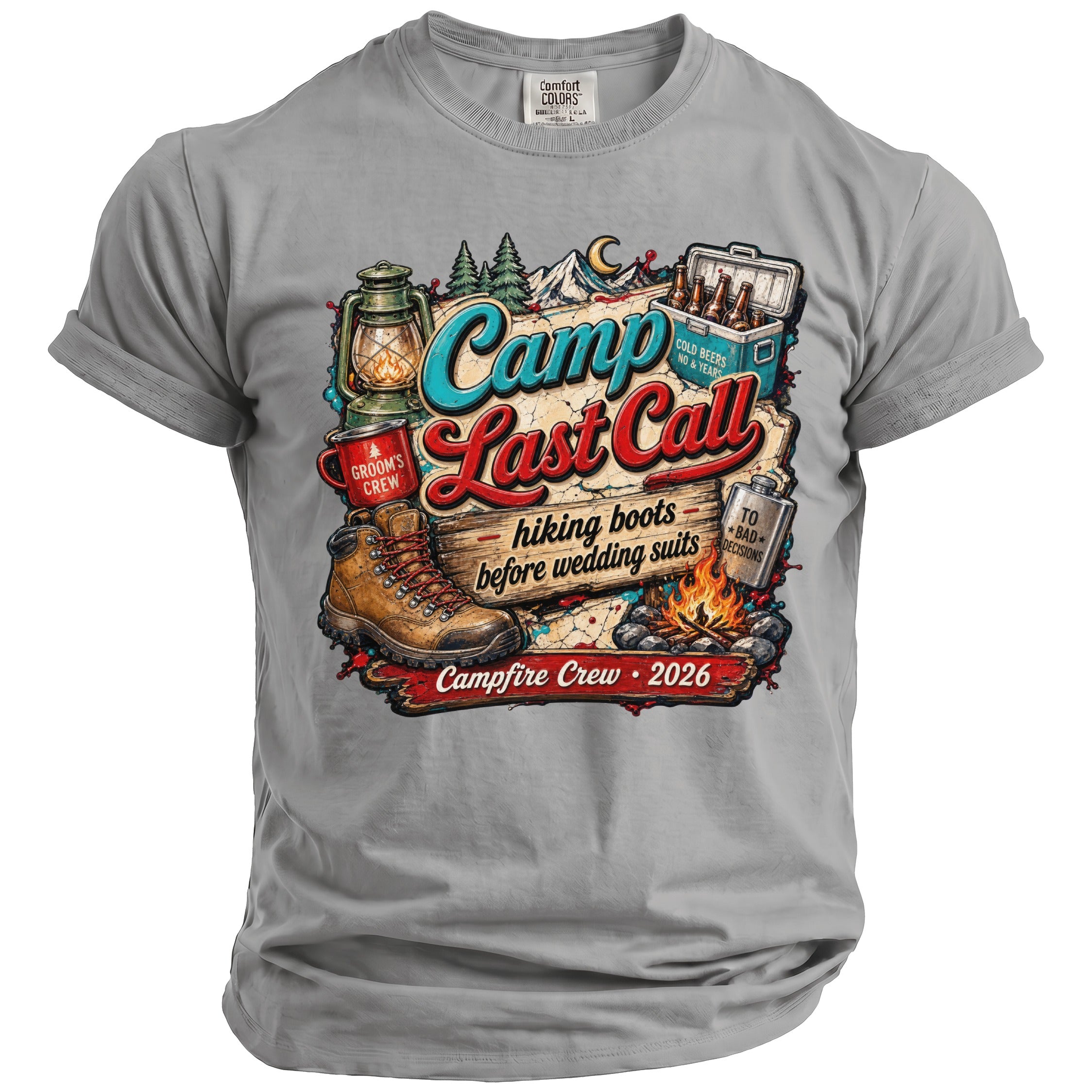 Grey t-shirt featuring a colorful camping-themed graphic with the text Camp Last Call, hiking boots, and campfire.