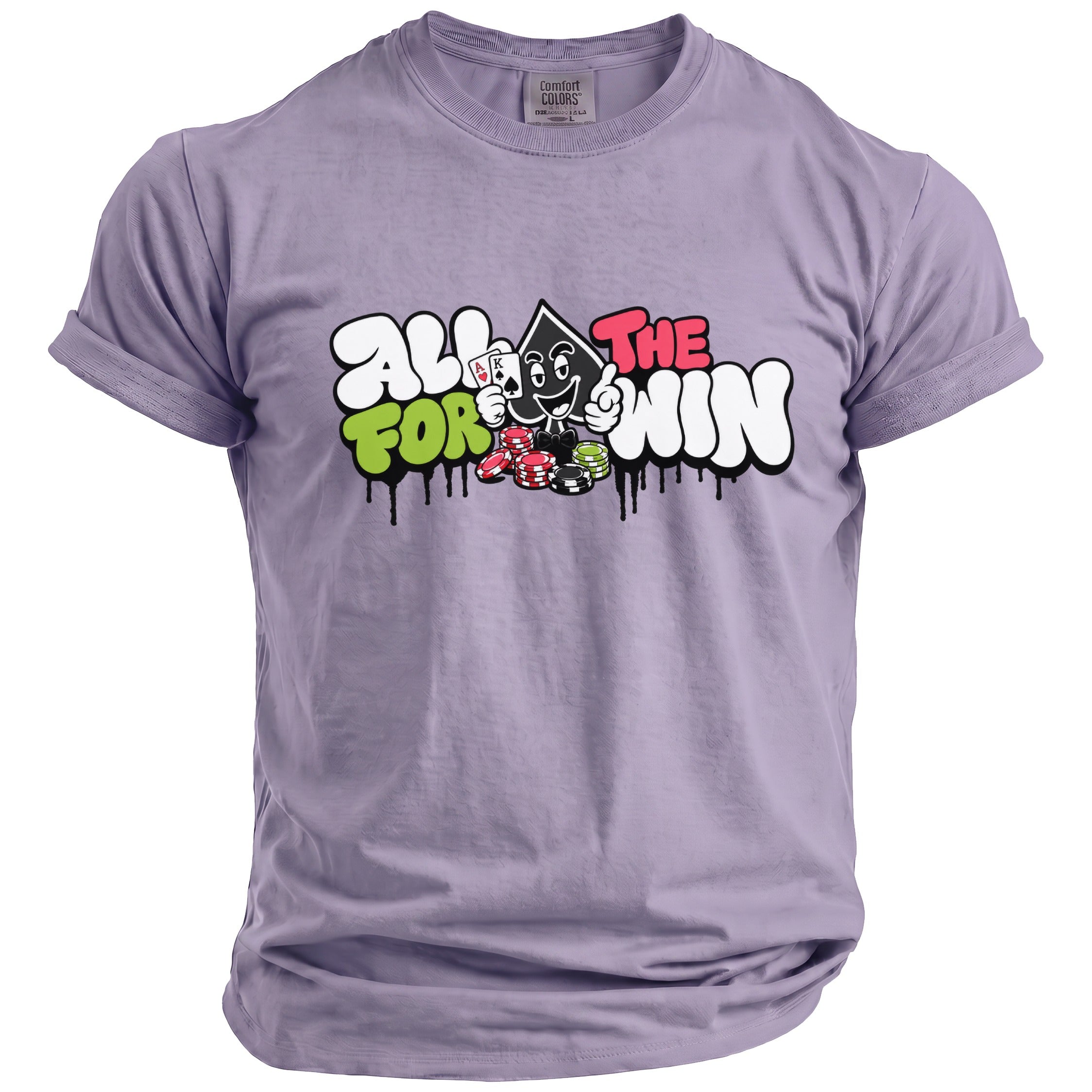 Lavender Comfort Colors t-shirt with "All for the win" graphic featuring a poker-themed character.
