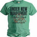 Green t-shirt with "Under New Management Mike's Bach LA, CA Summer 2026" text and graphics.