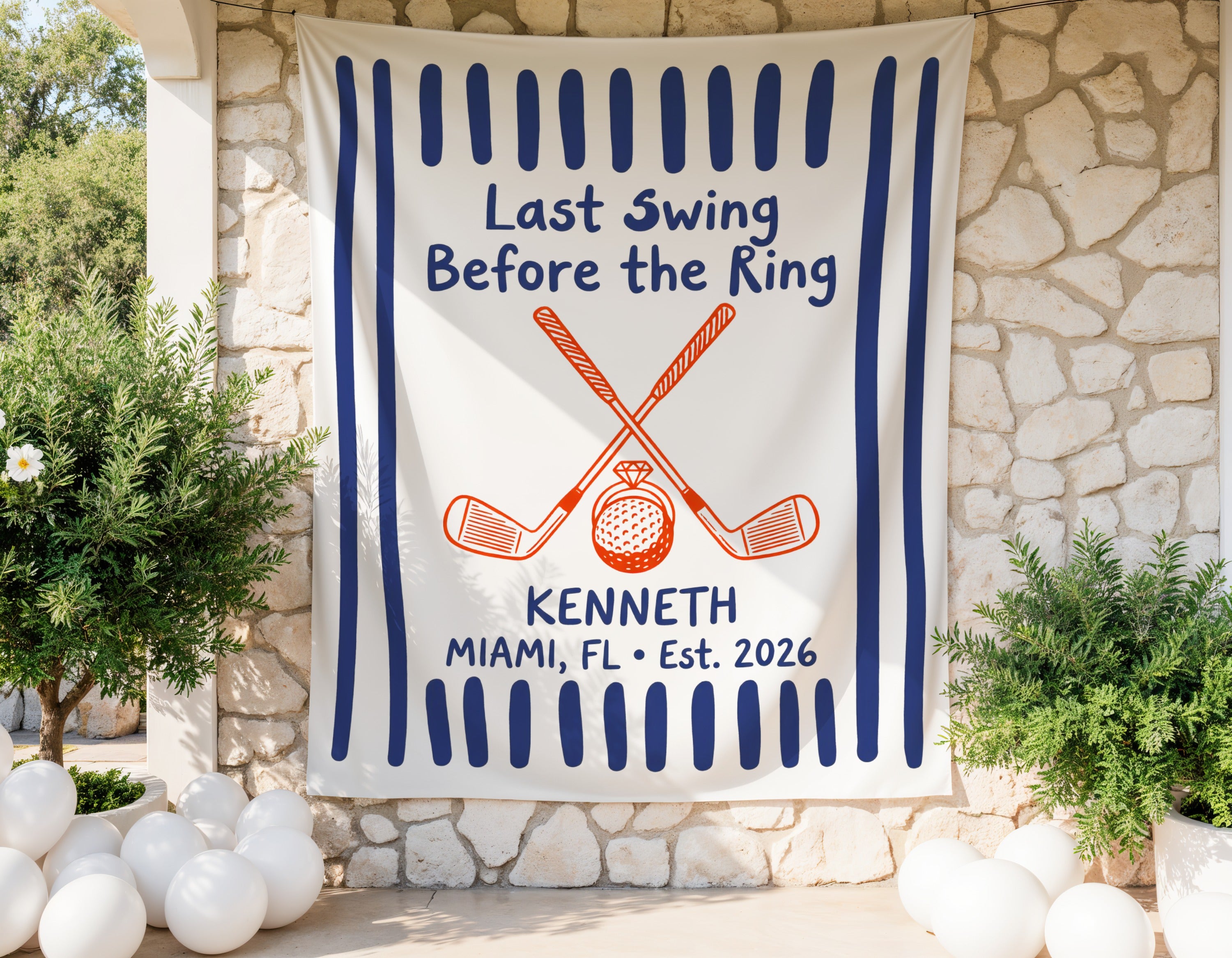 "Last Swing Before the Ring" banner with golf graphics for Kenneth, Miami, FL, Est. 2026.