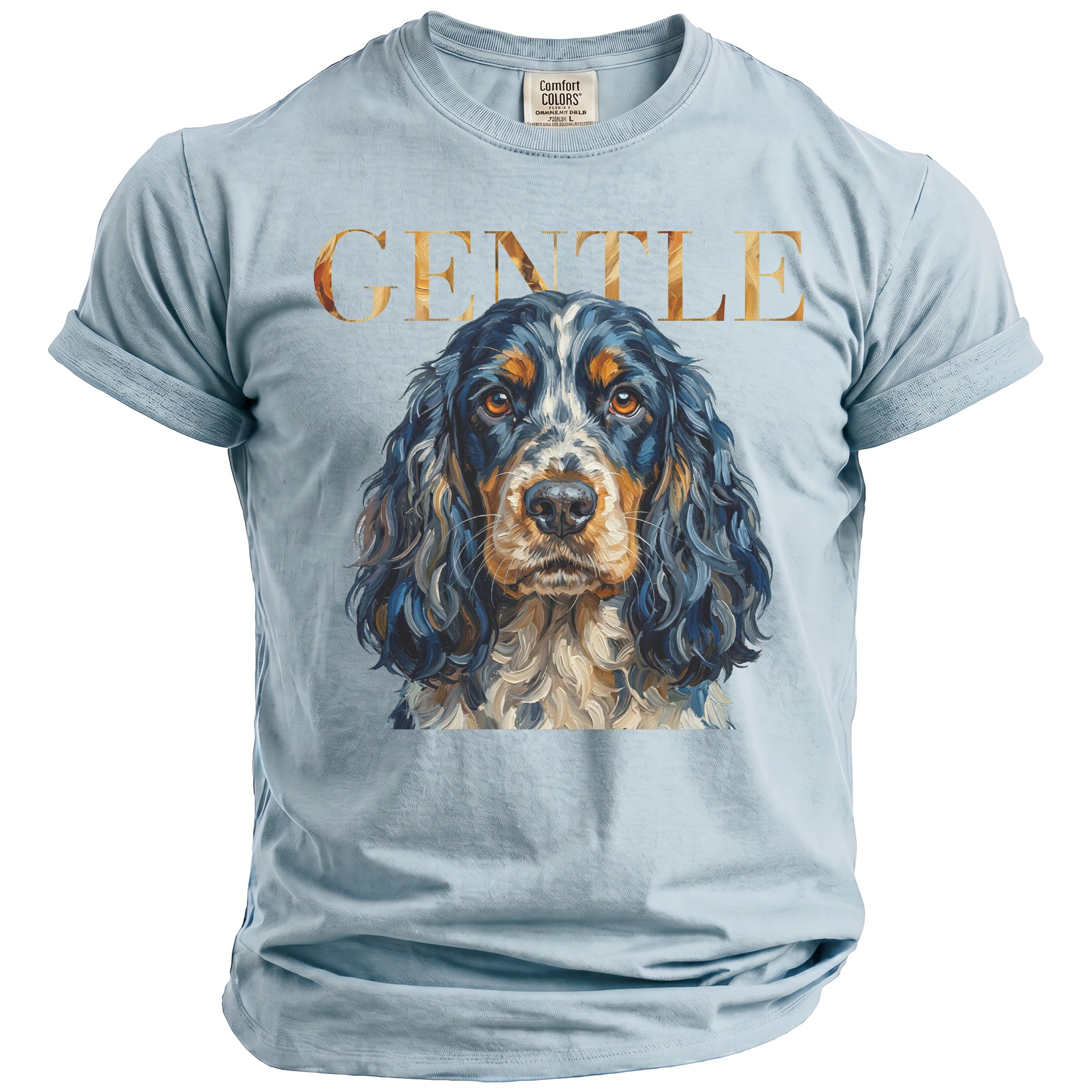 Light blue t-shirt with dog portrait and "GENTLE" text.