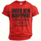 Red t-shirt with black text "UNDER NEW MANAGEMENT Mike's Bach LA, CA Summer 2026"