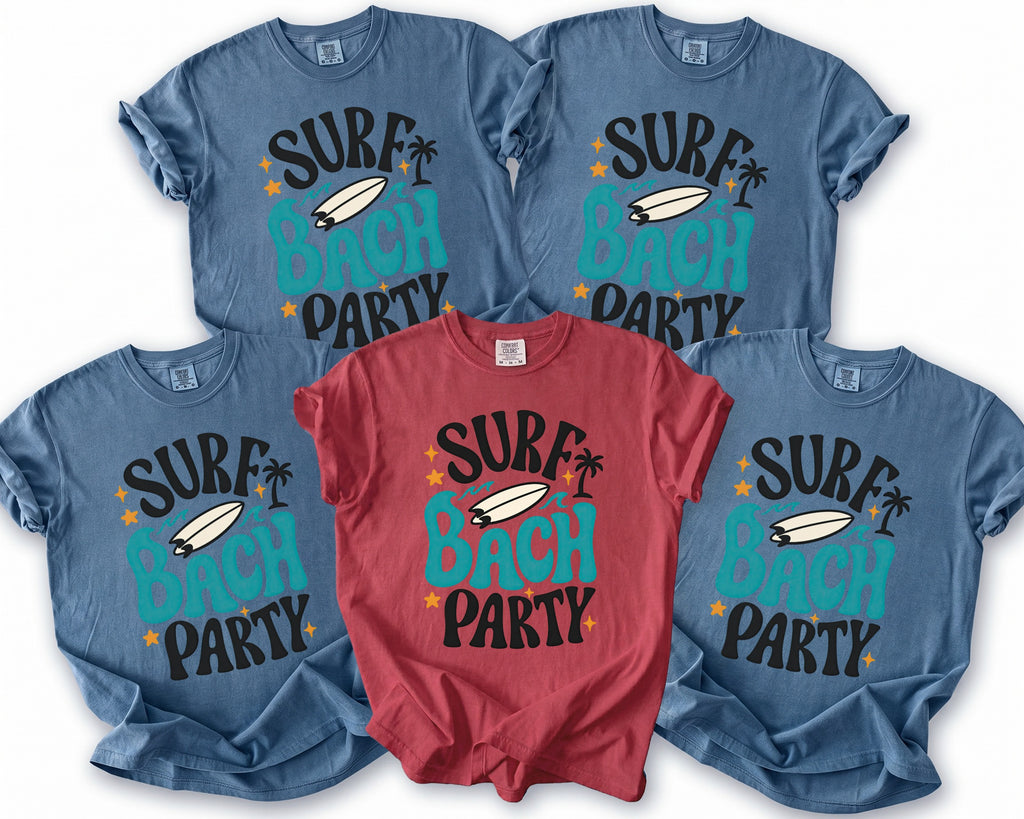Four blue and one red t-shirt display "SURF BACH PARTY" graphic.
