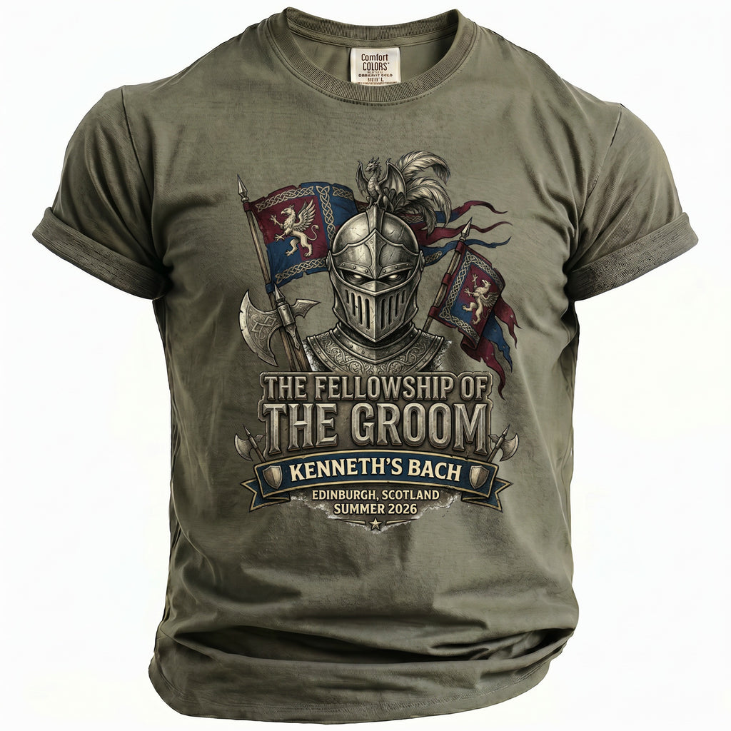 Green t-shirt with knight graphic and text: "The Fellowship of the Groom Kenneth's Bach"