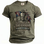 Green t-shirt with knight graphic and text: "The Fellowship of the Groom Kenneth's Bach"