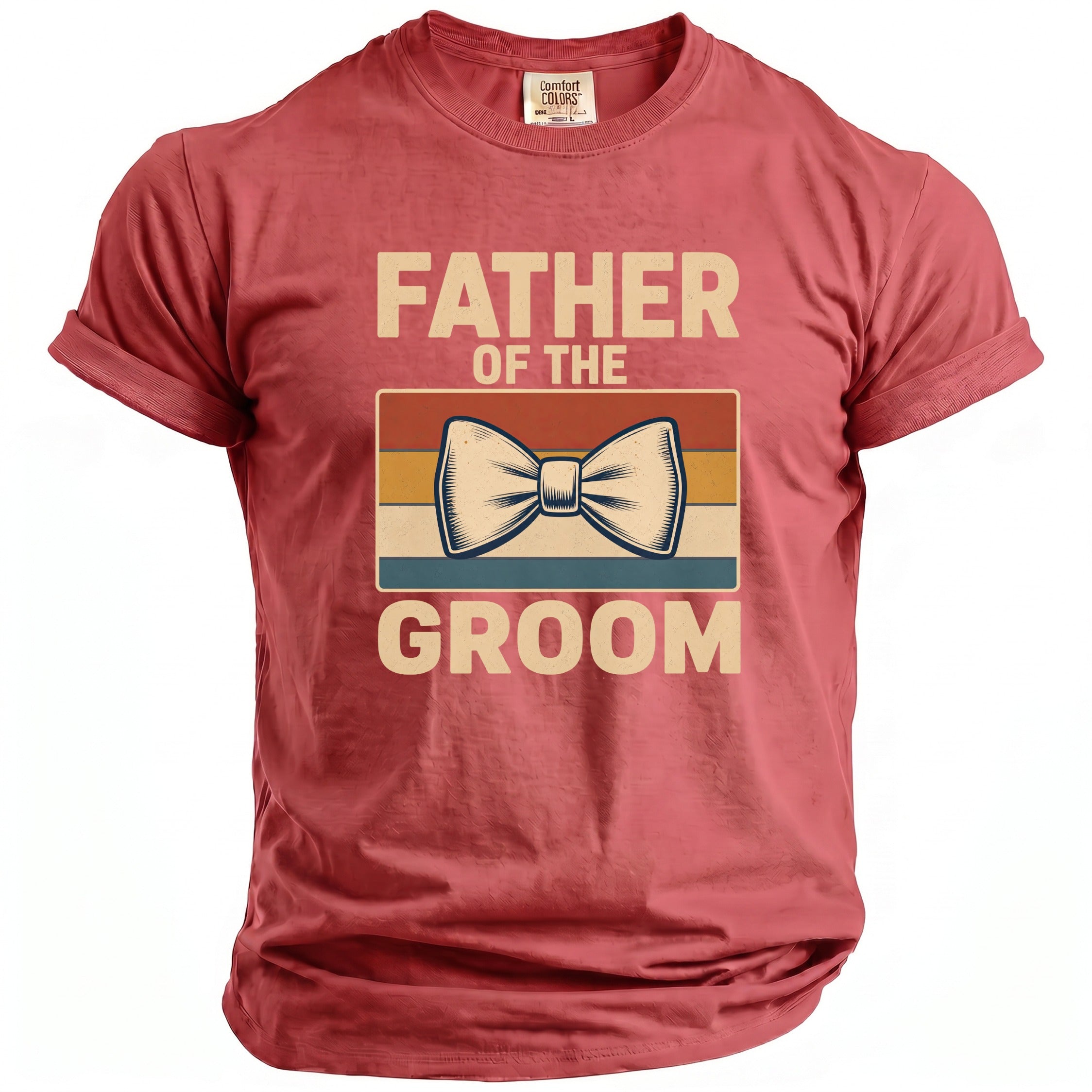 Red t-shirt with "FATHER OF THE GROOM" text and a bow tie graphic.