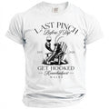 White t-shirt with black graphic of lobster saying "Last Pinch Before I Dip"