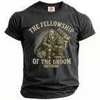 Dark grey t-shirt with "THE FELLOWSHIP OF THE GROOM" and a dwarf holding a hammer.