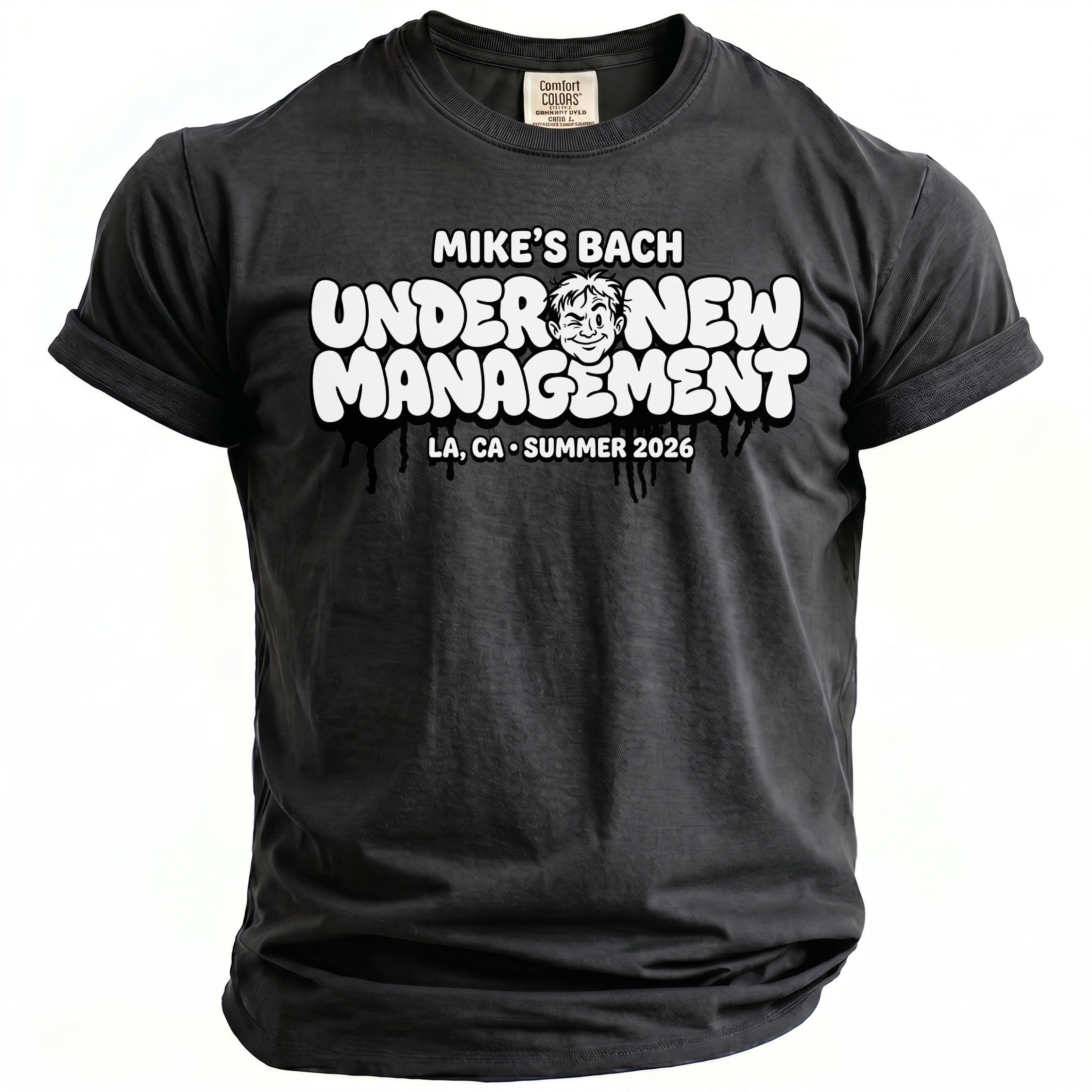 Black t-shirt with "Mike's Bach Under New Management LA, CA Summer 2026" graphic.