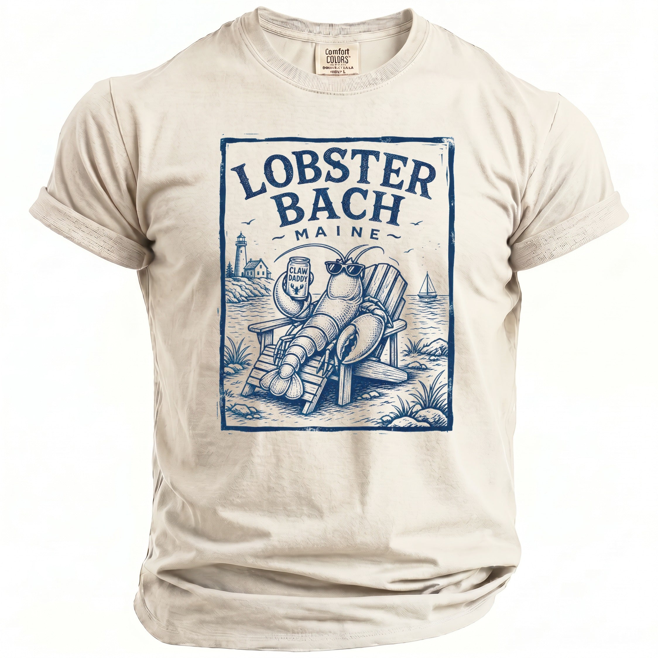Cream t-shirt with blue graphic of lobster on chair, text "LOBSTER BACH MAINE".