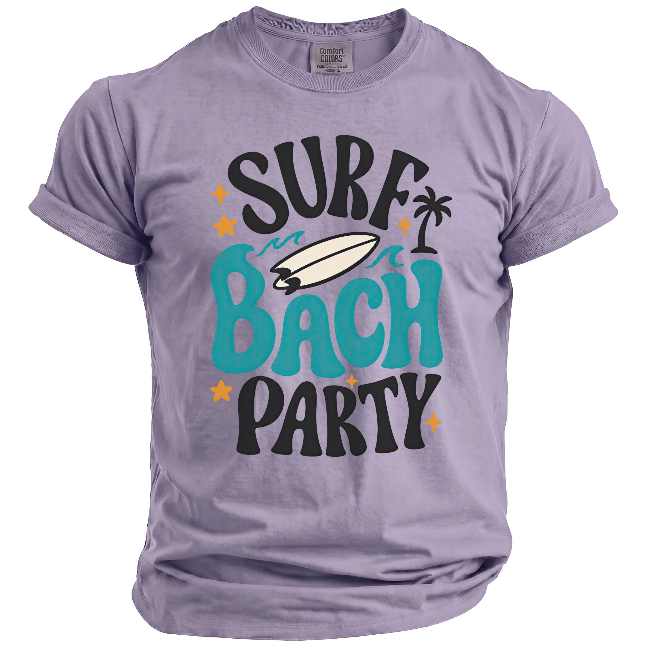 Purple t-shirt with "Surf Bach Party" graphic featuring a surfboard, palm tree, and stars.