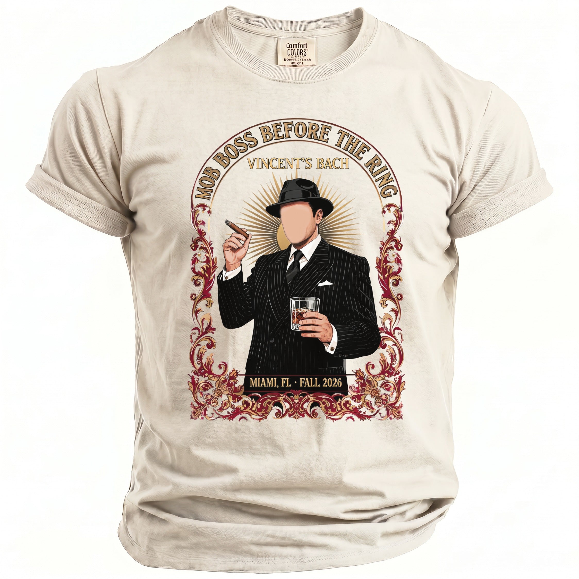 T-shirt graphic of man in suit with cigar and drink; "Mob Boss Before The Ring Vincent's Bach Miami, FL Fall 2026".