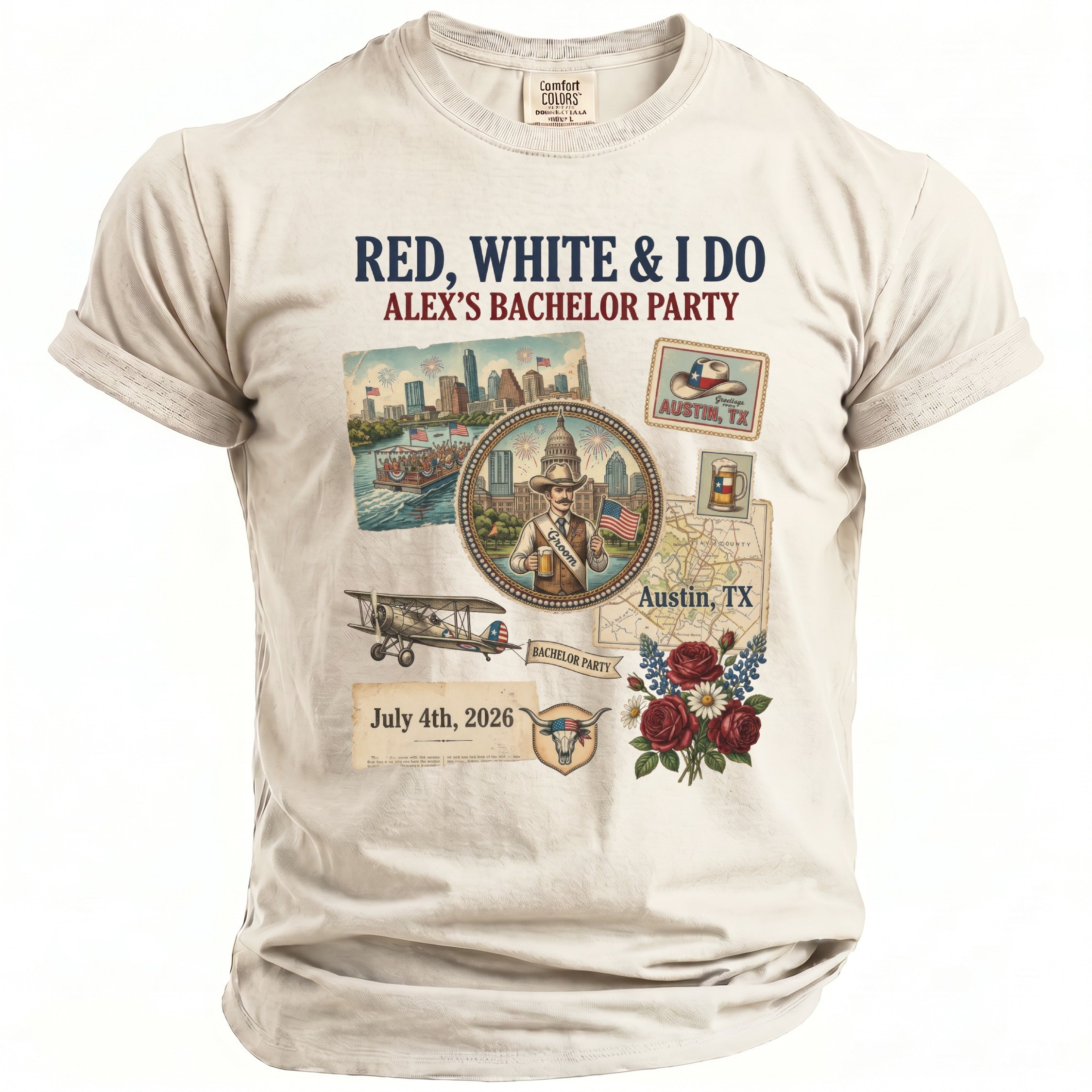Red, White & I Do Alex's Bachelor Party shirt with Austin, TX graphics on July 4th, 2026.