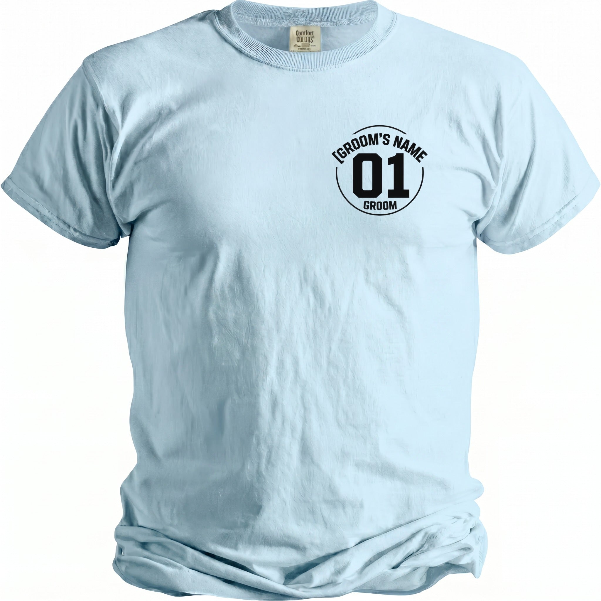 Light blue t-shirt with black circular design featuring "GROOM'S NAME" and "01 GROOM".