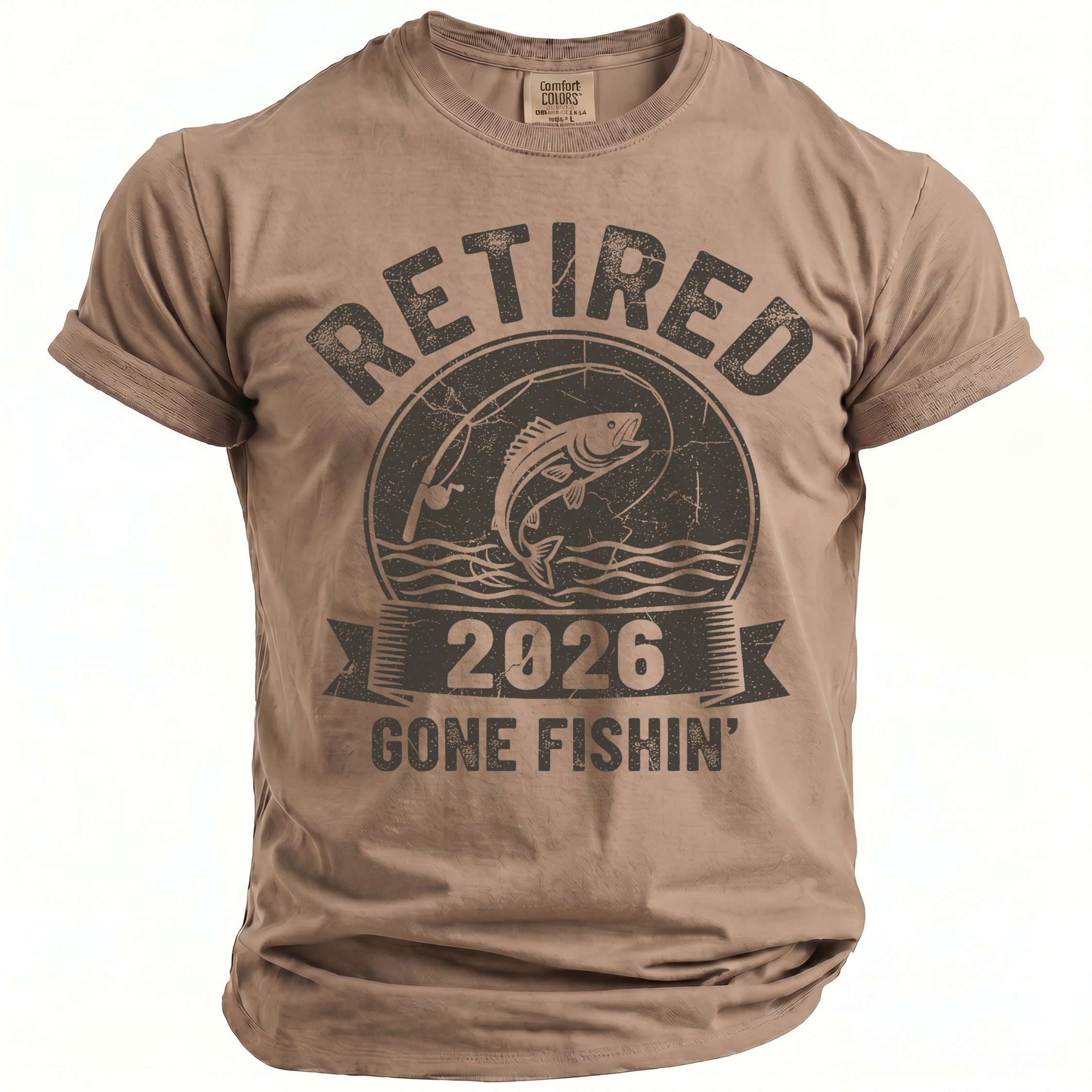 T-shirt with "Retired 2026 Gone Fishin'" text and a fish graphic.