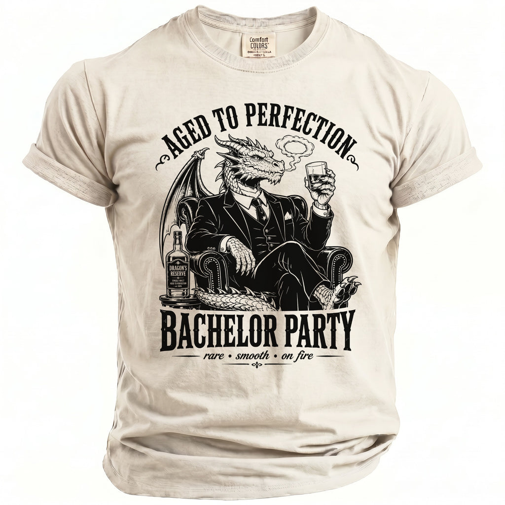 Dragon in suit drinking from a glass, "Aged to Perfection Bachelor Party" text.
