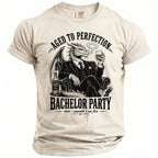 Dragon in suit drinking from a glass, "Aged to Perfection Bachelor Party" text.