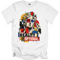 White t-shirt with a cubist-style graphic of a statue and a cat, text reads "REALITY IS OPTIONAL."