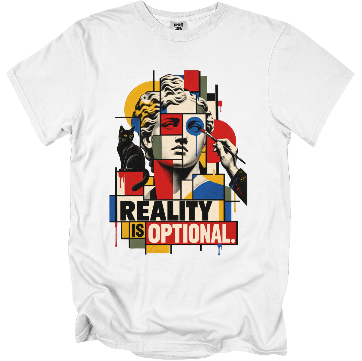 White t-shirt with a cubist-style graphic of a statue and a cat, text reads "REALITY IS OPTIONAL."