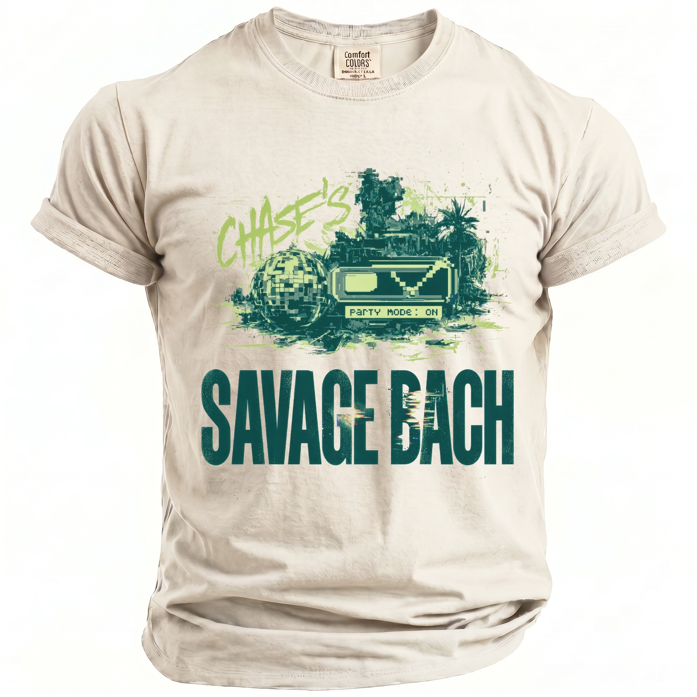 Light beige t-shirt with green "CHASE'S PARTY MODE: ON" graphic and "SAVAGE BACH" text.