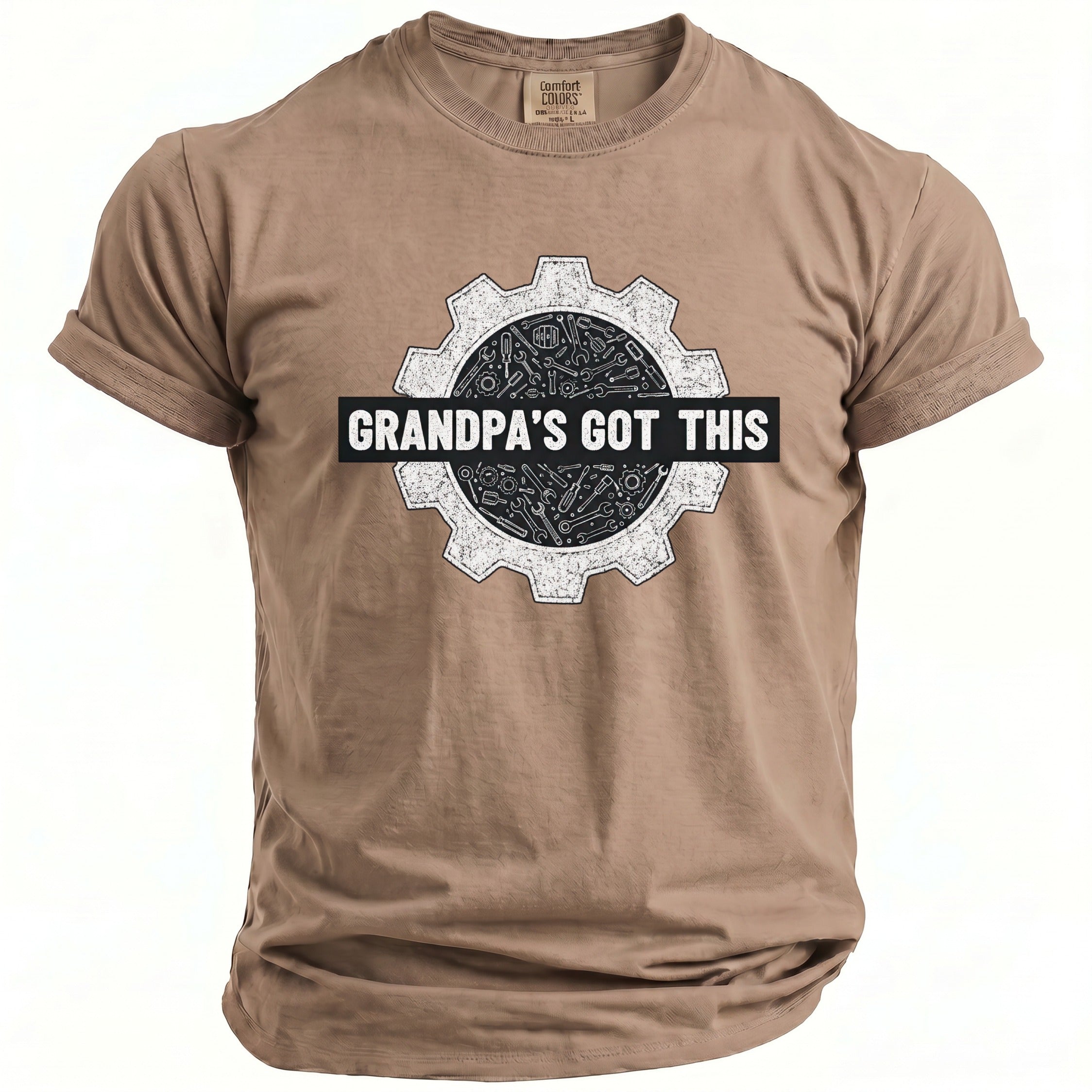 Taupe t-shirt with a gear graphic and the text "GRANDPA'S GOT THIS".