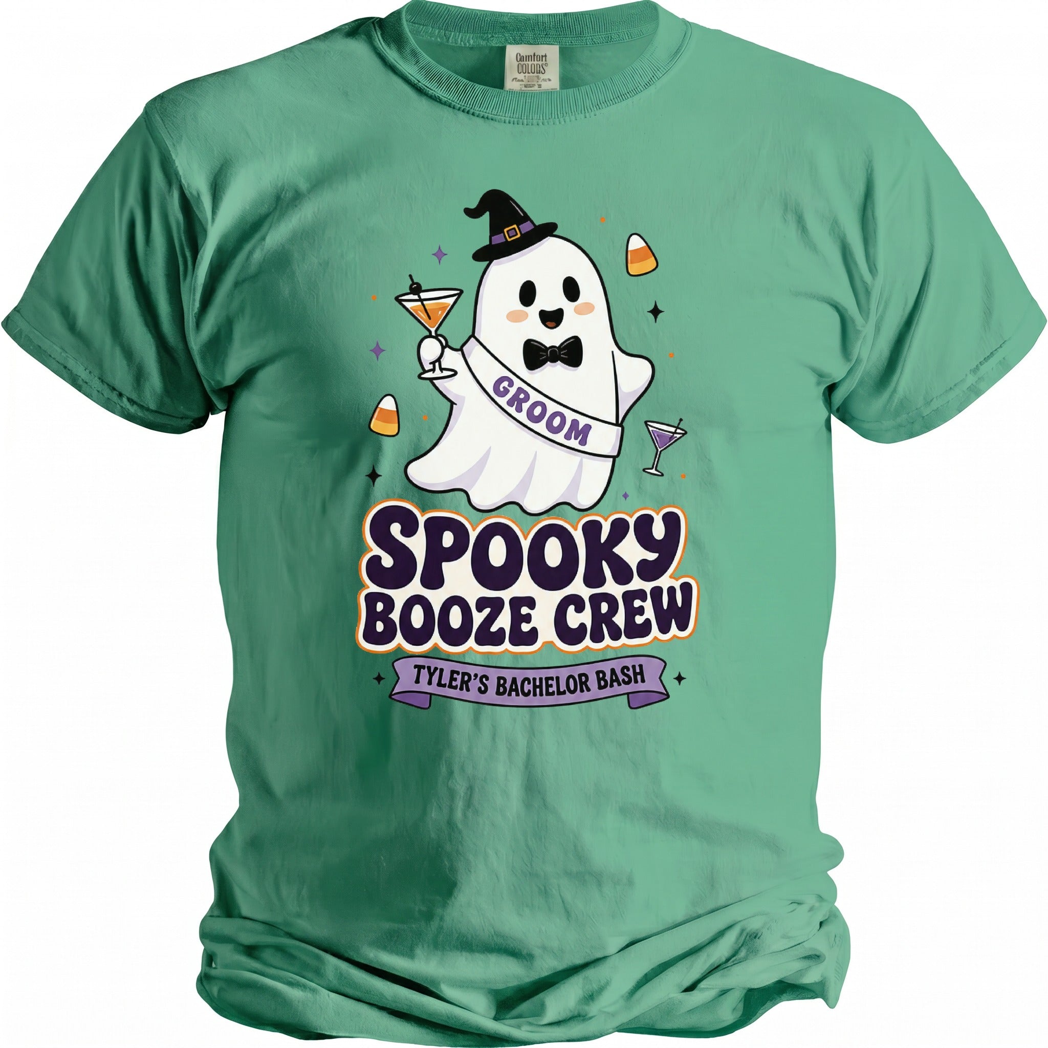 Ghost celebrating "Tyler's Bachelor Bash" with "Spooky Booze Crew" text.